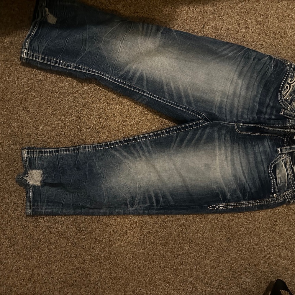 Rock Revival Aurora :Easy Crop Blue High Rise Jeans with Vintage Fading